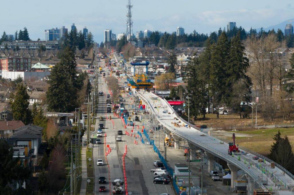 Image 3: The Fleetwood Flyer builds the elevated guideway through the Fleetwood community, moving west on March 5, 2026. (B.C. Ministry of Transportation)