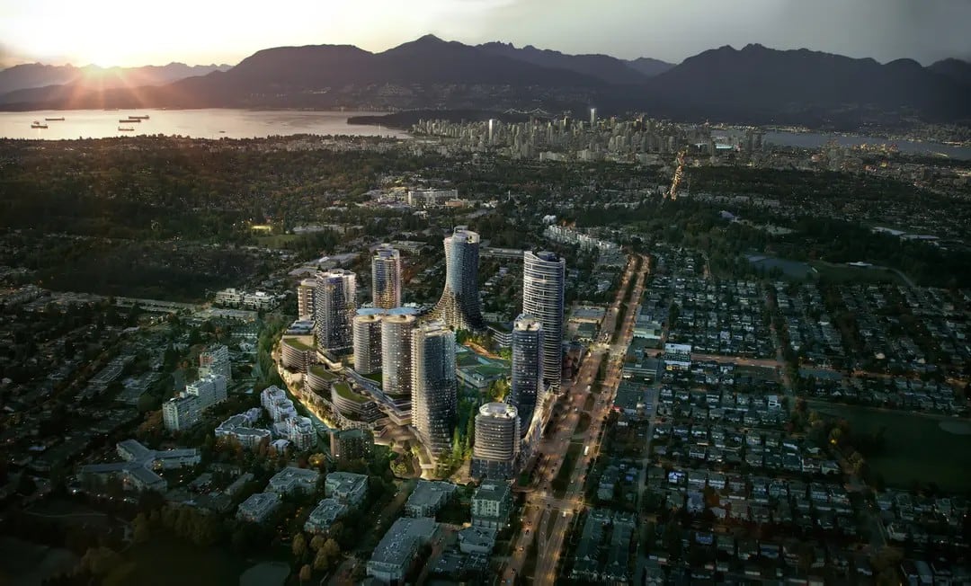 Image 4: A rendering of a massive set of towers south of downtown Vancouver.