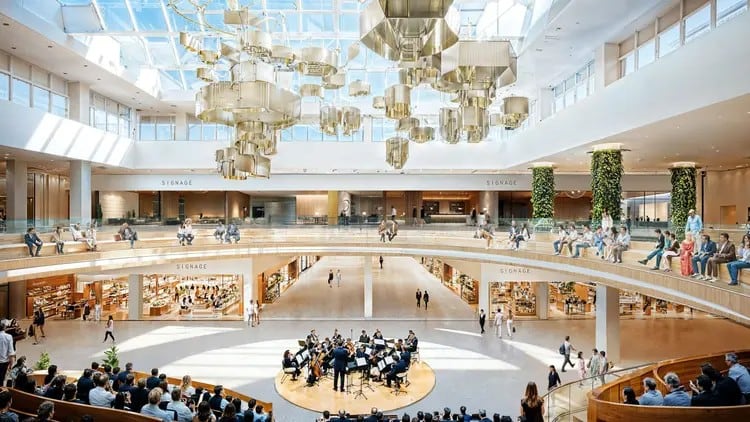 Image 5: A rendering of a large mall with opulent lights hanging from the ceiling.