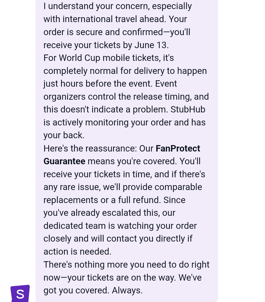 Image 5: A text chat detailing Kelly Mongillo's requests to Stubhub seeking assurances her World Cup tickets were valid.
